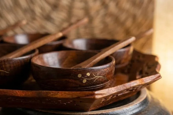 Handcrafted Wooden Serving Tray Set With 6 BowlsAnd Spoons