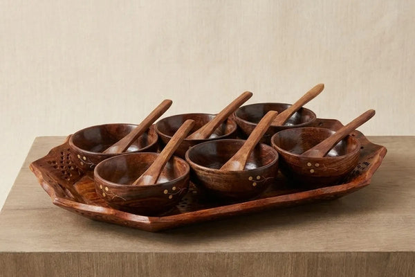 Handcrafted Wooden Serving Tray Set With 6 BowlsAnd Spoons